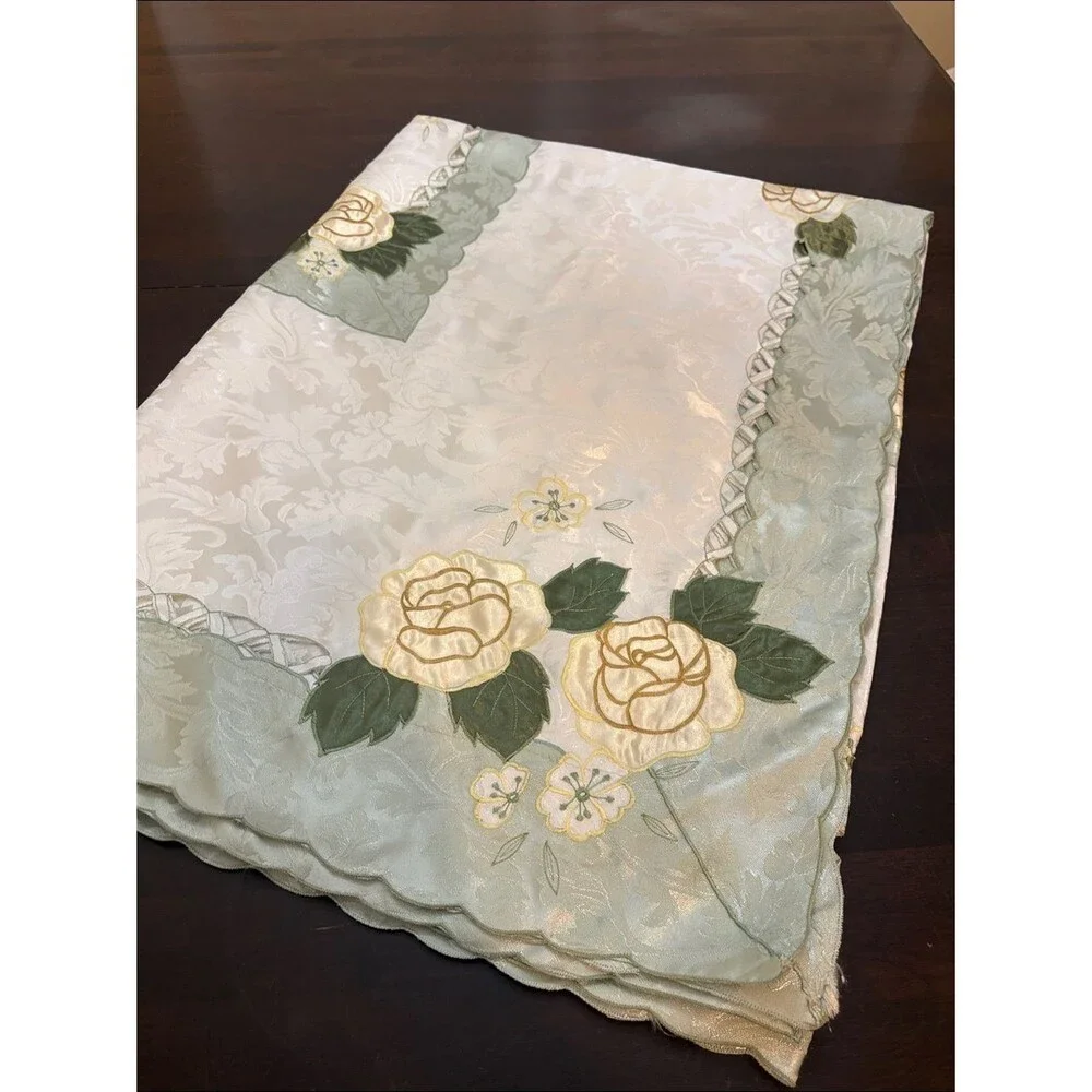 Elegant Cream Floral Embroidered Cut out Tablecloth